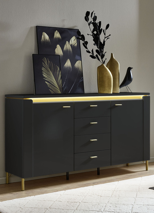 Sideboards - Sideboard mit LED-Beleuchtung und Softclose, in Farbe WEISS-GOLD Ansicht 2