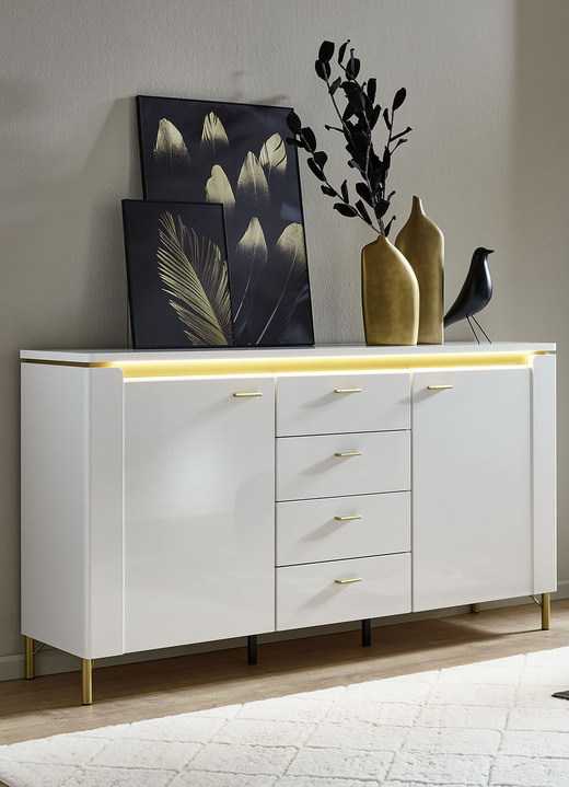 Sideboards - Sideboard mit LED-Beleuchtung und Softclose, in Farbe WEISS-GOLD Ansicht 1