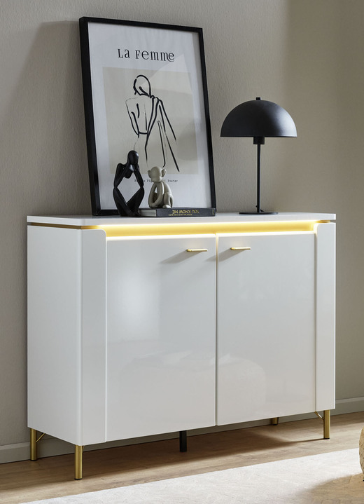 Kommoden - Kommode mit LED-Beleuchtung und Softclose, in Farbe WEISS-GOLD Ansicht 1
