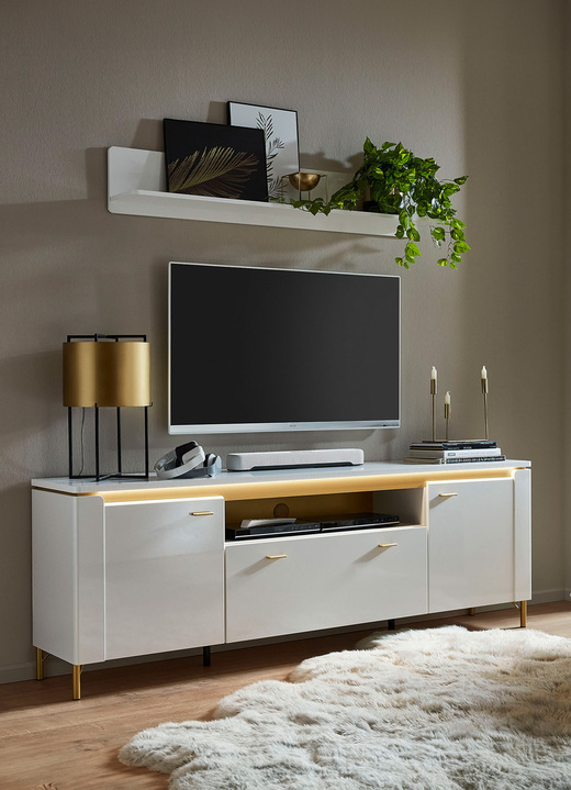 TV- & Hifi-Möbel - TV-Longboard mit LED-Beleuchtung und Wandregal, in Farbe WEISS-GOLD, in Ausführung groß Ansicht 1