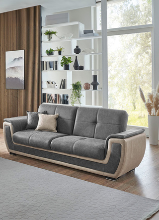 Polstergruppen - Polstermöbel mit Liegefunktion und Bettkasten, in Farbe GRAU-CREME, in Ausführung Polsterecke – Farbe GRAU-CREME – Ansicht 