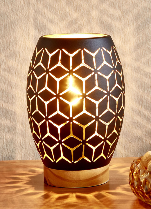 Tischleuchten - Tischleuchte mit Metall-Lampenschirm und Holz-Sockel, in Farbe BRAUN-GOLD Ansicht 2