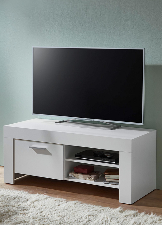 TV- & Hifi-Möbel - TV-Longboard mit Griffen in Aluminium-Optik, in Farbe WEISS, in Ausführung klein Ansicht 1