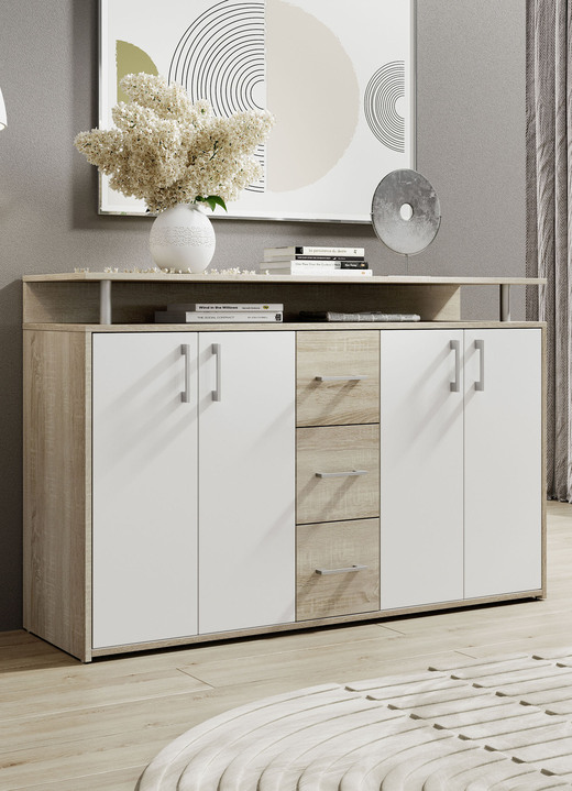 Sideboards - Stylisches Highboard, in Farbe EICHE SONOMA-WEISS Ansicht 1