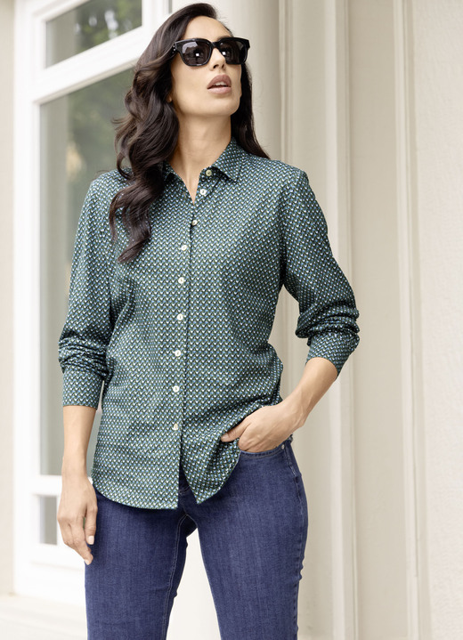 Blusen - Shirtbluse mit Minimal -Dessin, in Größe 036 bis 052, in Farbe OLIV-PETROL-WEISS Ansicht 1