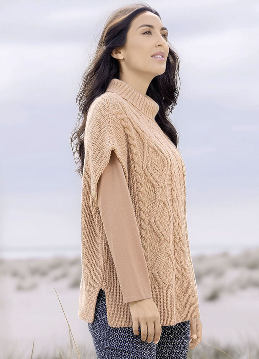 Damenmode - Pullunder in Perlfang mit Zopfmuster, in Größe L bis XL, in Farbe CAMEL Ansicht 1
