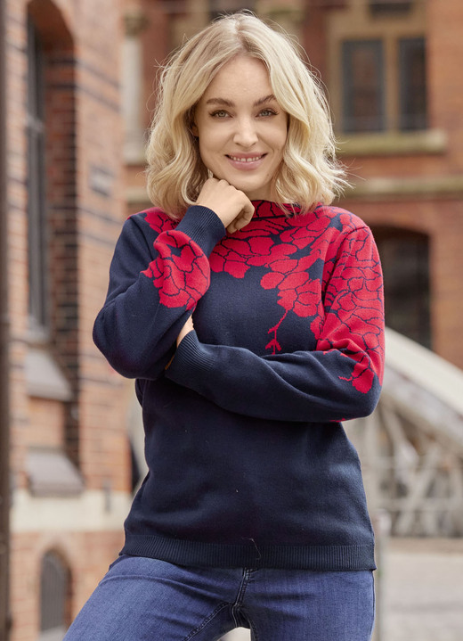 Laura Kent - Pullover mit floralen Jacquardakzenten Laura Kent - Pullover mit floralen Jacquardakzenten, in Größe 038 bis 054, in Farbe MARINE-ROT