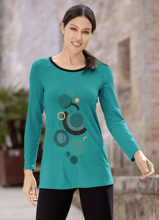 Langarm - Longshirt mit Motivdruck in 2 Farben, in Größe 038 bis 054, in Farbe PETROL Ansicht 1