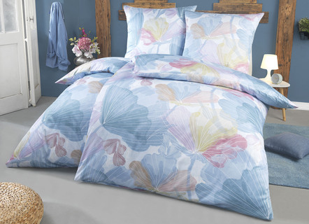 Bettwäschegarnituren - Beidseitig bedruckte Bettwäsche-Garnitur in Mako-Satin-Qualität, in Größe 112 (80/80 cm + 135/200 cm) bis 115 (80/80 cm + 155/220 cm), in Farbe BLAU-BUNT