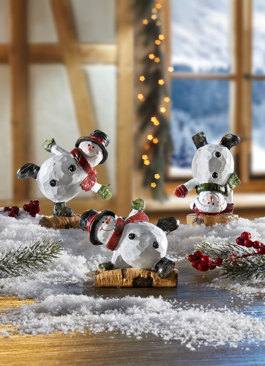 Weihnachtliche Dekorationen - Schneemänner, 3er-Set, aus Polyresin, in Farbe WEISS-SCHWARZ-ROT