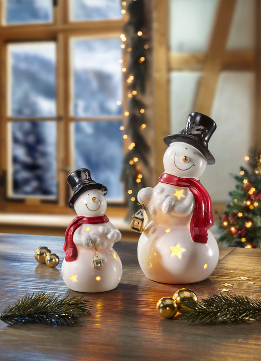 Weihnachtliche Dekorationen - Beleuchteter Schneemann, batteriebetrieben, 2er-Set, in Farbe WEISS-SCHWARZ-ROT