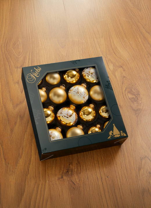 Christbaumschmuck - Weihnachtsbaumkugeln aus Glas, 16-teilig, in Farbe GOLD, in Ausführung Mit Winterwald-Motiv Ansicht 1