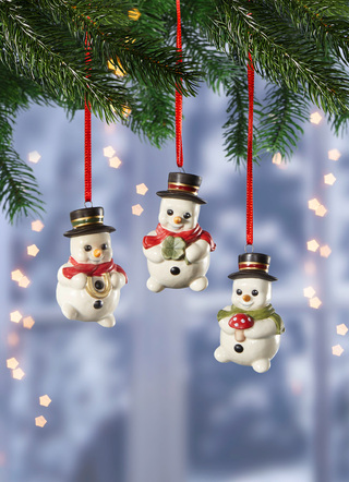 Schneemannhänger aus Feinsteingut, 3er-Set