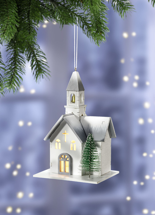 Weihnachtliche Dekorationen - Beleuchtete Kirche aus Holz, in Farbe WEISS-GRÜN