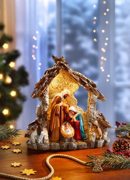 Weihnachtliche Dekorationen - Beleuchtete Krippenszene aus Polyresin, in Farbe BUNT