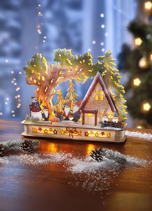 Weihnachtliche Dekorationen - Beleuchteter Wichtel-Wald aus Holz, in Farbe BUNT
