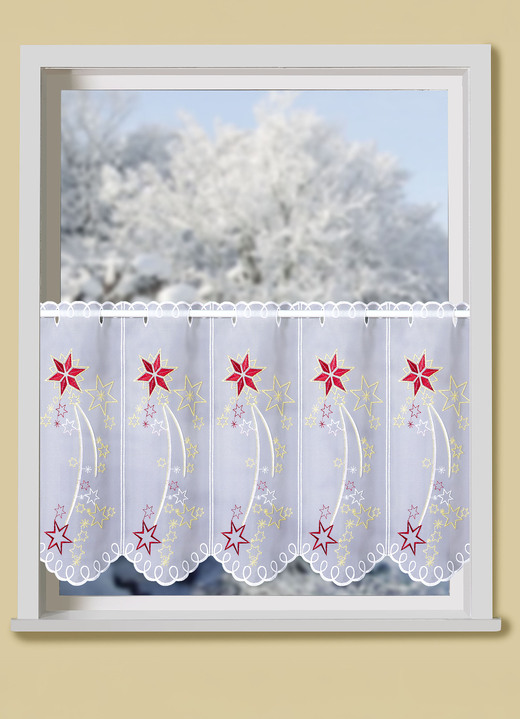 Fensterdekorationen - Kurzstore mit echter Plauener Stickerei und metallisiertem Garn, in Größe 786 (H45xB 95 cm) bis 794 (H45xB193 cm), in Farbe WEISS-ROT-GOLD Ansicht 1
