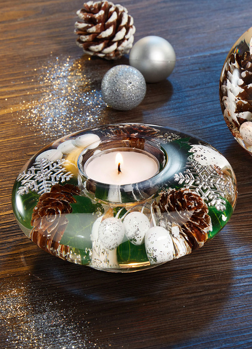 Weihnachtliche Dekorationen - Teelichthalter aus mundgeblasenem Glas, in Farbe WEISS-GRÜN, in Ausführung Kugel Ansicht 3