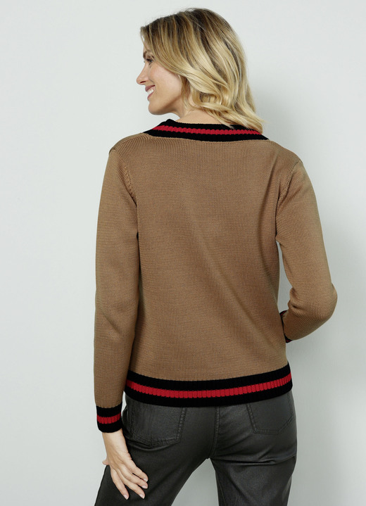 Langarm - Pullover mit Kontrastringeln, in Größe 038 bis 052, in Farbe CAMEL-KORALLE-SCHWARZ Ansicht 2