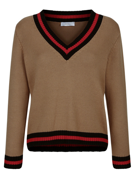 Langarm - Pullover mit Kontrastringeln, in Größe 038 bis 052, in Farbe CAMEL-KORALLE-SCHWARZ Ansicht 3