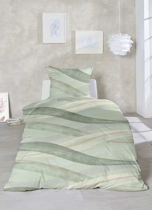 Bettwäschegarnituren - Bügelleichte Feinbiber Bettwäsche-Garnitur, in Farbe GRÜN, in Ausführung Welle
