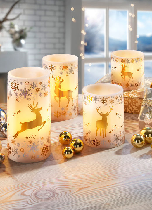 Weihnachtliche Dekorationen - Batteriebetriebene LED-Echtwachskerzen, 4er-Set, in Farbe CREME-GOLD