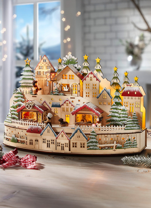Weihnachtliche Dekorationen - Beleuchtete Holzdekoration, batteriebetrieben, in Farbe BUNT