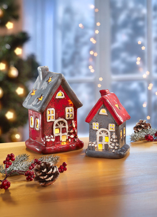 Weihnachtliche Dekorationen - Beleuchtete Häuschen im 2er-Set, in Farbe GRAU-ROT