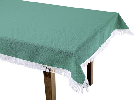 Tischdecken - Wind- und wetterfeste Gartentischdecke mit Fransenabschluss, in Größe 110 (Tischdecke, 110x140 cm) bis 190 (Tischdecke oval, 140x190 cm), in Farbe BLAU – Farbe TANNE – Ansicht 