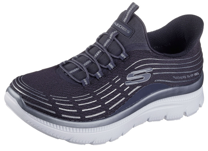 Slipper & Schnürschuhe - SKECHERS, stylische Damen-Sneaker, mit geformter Slip-Ins Fersenplatte, in Größe 036 bis 042, in Farbe DUNKELBLAU-SILBER Ansicht 1