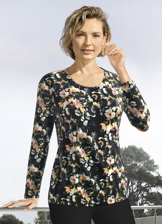 Damenmode - Shirt mit Allover-Dessin, in Größe 036 bis 052, in Farbe SCHWARZ-BUNT