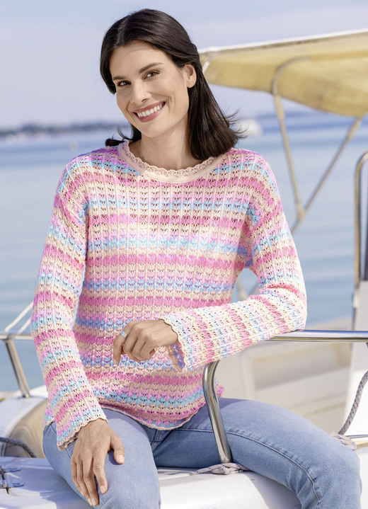 Pullover - Pullover mit Ajourmuster im Ringeldessin, in Größe 036 bis 052, in Farbe ROSÉ-BEIGE-BLEU Ansicht 1