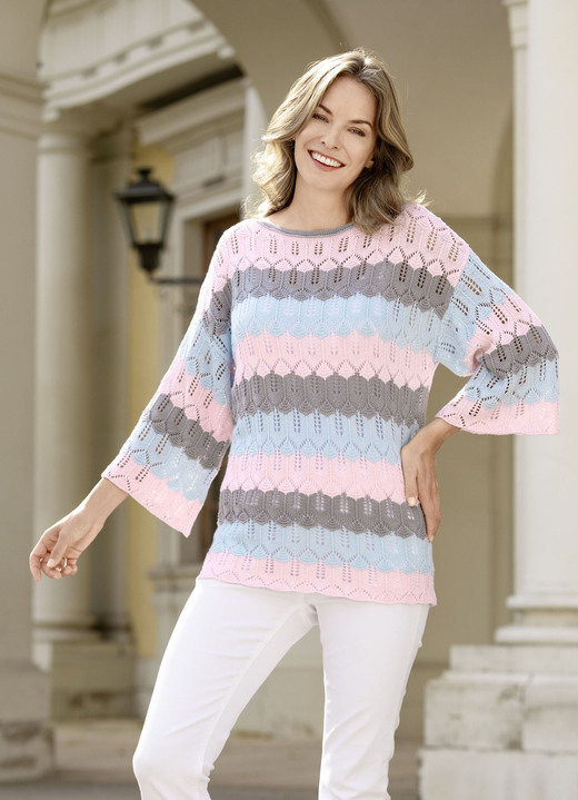 Pullover - Pullover mit Mustermix im Blockringeldessin, in Größe 036 bis 052, in Farbe ROSA-HELLBLAU-GRAU Ansicht 1