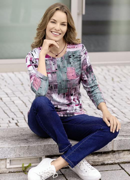 Klaus Modelle - Pullover mit grafischem Dessin, in Größe 038 bis 054, in Farbe ROSA-PETROL-MULTICOLOR Ansicht 2