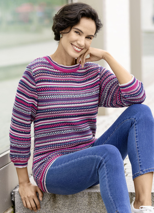 Pullover - Pullover mit Mustermix im Ringeldessin, in Größe 036 bis 052, in Farbe PINK-BLAU-MULTICOLOR Ansicht 3