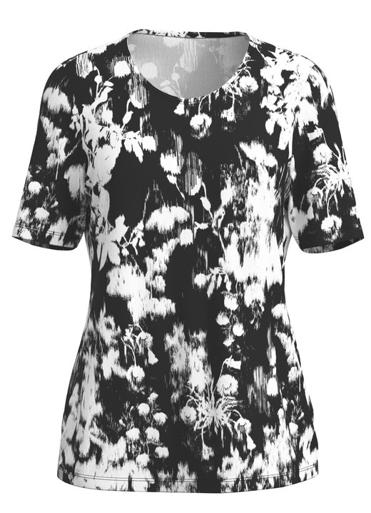 Kurzarm - Shirt mit Floraldessin, in Größe 038 bis 054, in Farbe SCHWARZ-WEISS Ansicht 2