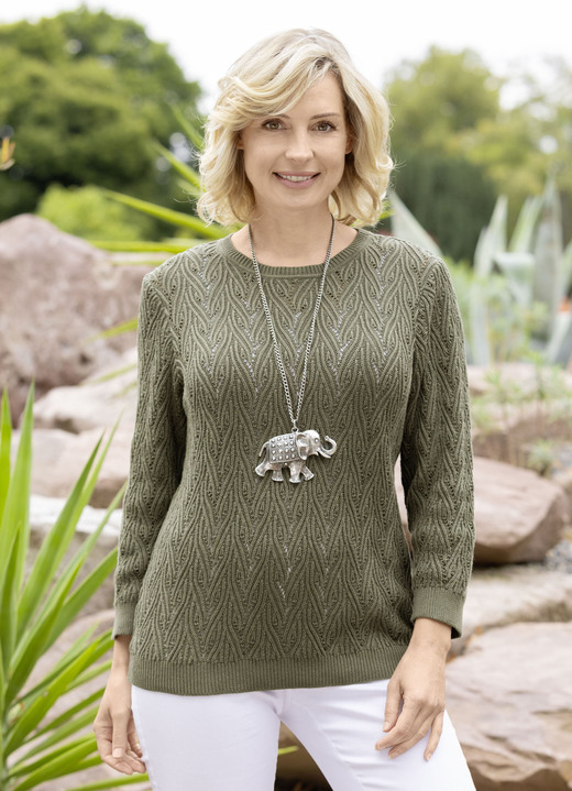 Basics - Pullover mit raffinierter Struktur mit Ajourakzenten, in Größe 038 bis 054, in Farbe KHAKI Ansicht 1