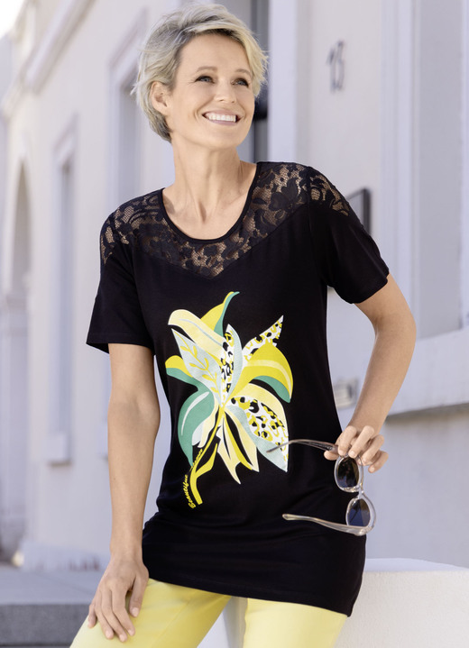 Kurzarm - Longshirt mit Spitzeneinsatz, in Größe 038 bis 054, in Farbe SCHWARZ