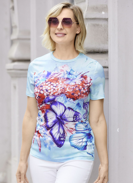 Kurzarm - Shirt in Batik-Optik, in Größe 036 bis 052, in Farbe EISBLAU-ROT-BLAU Ansicht 1