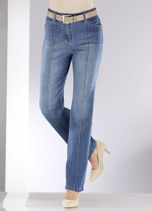 Hosen mit Knopf- und Reißverschluss - Jeans mit abgesteppten Biesen, in Größe 018 bis 052, in Farbe JEANSBLAU Ansicht 3