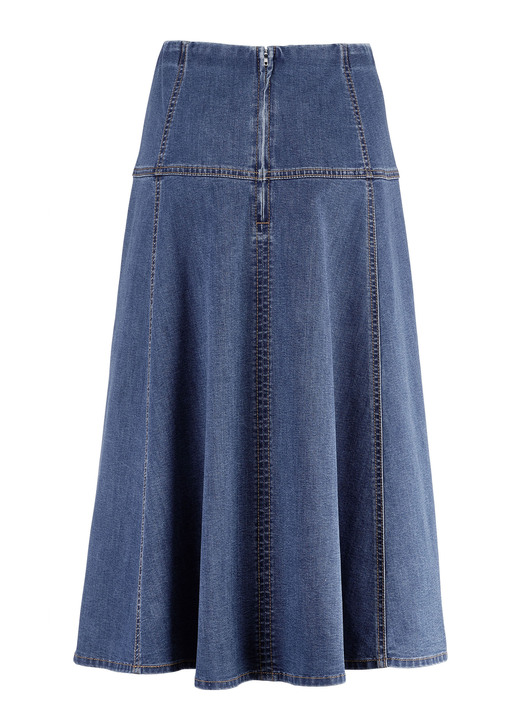 Uni - Jeans-Rock mit kontrastfarbenen Teilungsnähten, in Größe 018 bis 052, in Farbe JEANSBLAU Ansicht 3