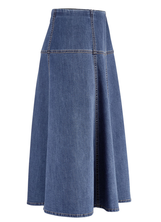 Uni - Jeans-Rock mit kontrastfarbenen Teilungsnähten, in Größe 018 bis 052, in Farbe JEANSBLAU Ansicht 2