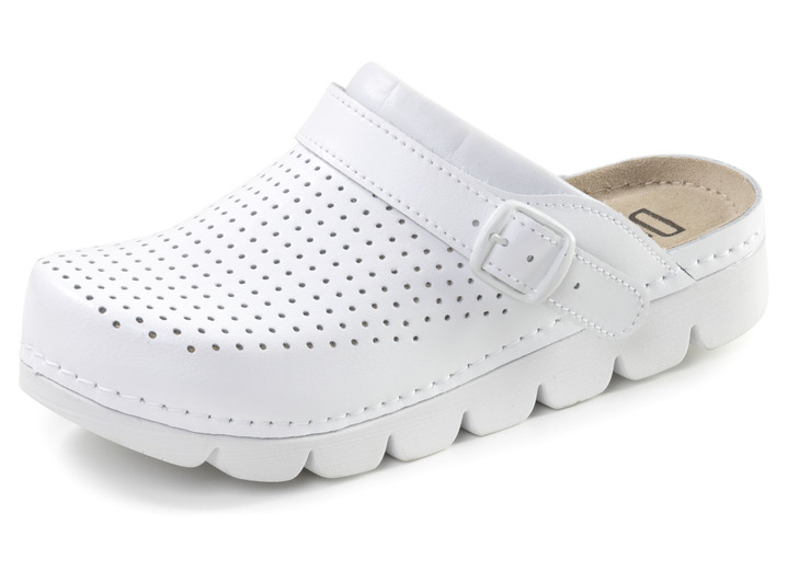 Sandaletten & Pantoletten - Sommerliche Damen-Clogs, aus Leder, in Größe 036 bis 042, in Farbe WEISS Ansicht 1