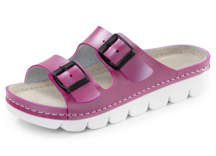 Sandaletten & Pantoletten - Klassische Damen-Pantoletten, mit verstellbaren Schließen, in Größe 036 bis 042, in Farbe STAHLBLAU Ansicht 4