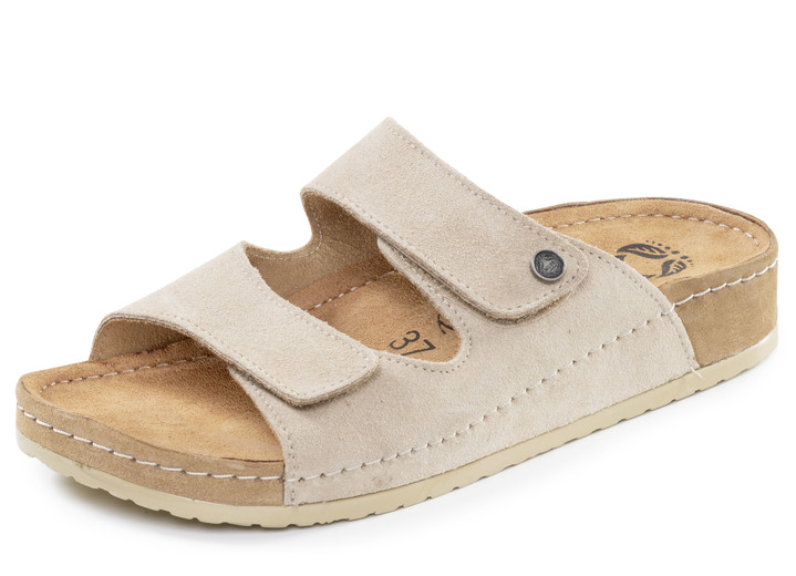 Damenmode - Mubb, bequeme Damen-Pantoletten, Weite H, mit Klettverschluss, in Größe 036 bis 042, in Farbe SAND Ansicht 1