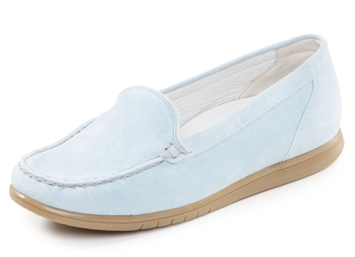 Slipper & Schnürschuhe - Waldläufer, bequeme Damen-Slipper, Weite H, mit herausnehmbarem Fußbett, in Größe 3 1/2 bis 8, in Farbe BLEU Ansicht 1