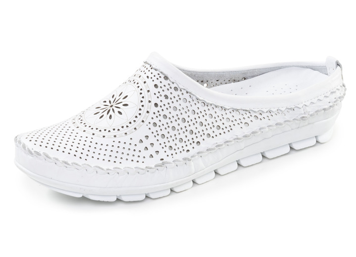 Damenmode - Gemini, sommerlicher Damen-Sabot, Weite G, mit herausnehmbarem Fußbett, in Größe 036 bis 042, in Farbe WEISS Ansicht 1