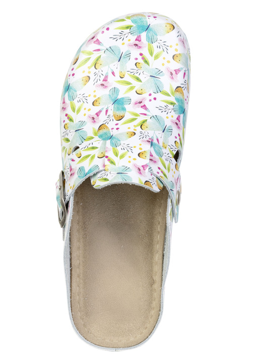 Hausschuhe - Klassische Damen-Clogs, mit anatomisch, gepolstertem Fußbett, in Größe 036 bis 042, in Farbe WEISS-BUNT Ansicht 2