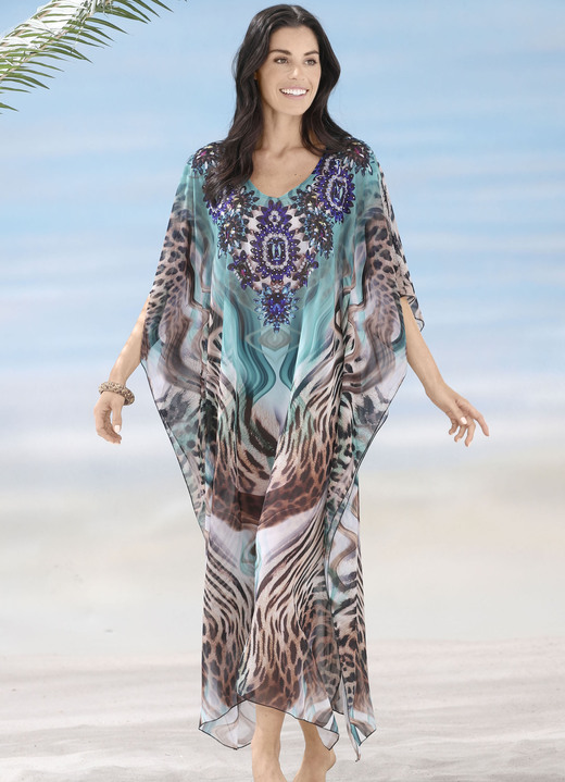 Strandkleider - Laurina Kaftan mit Schmucksteinchen, in Größe 1 (36-42) bis 3 (50-54), in Farbe TÜRKIS-BRAUN