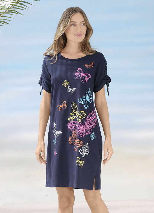 Strandkleider - Kleid mit platziertem Druckdessin und raffbaren Ärmeln, in Größe 036 bis 054, in Farbe MARINE-BUNT Ansicht 2